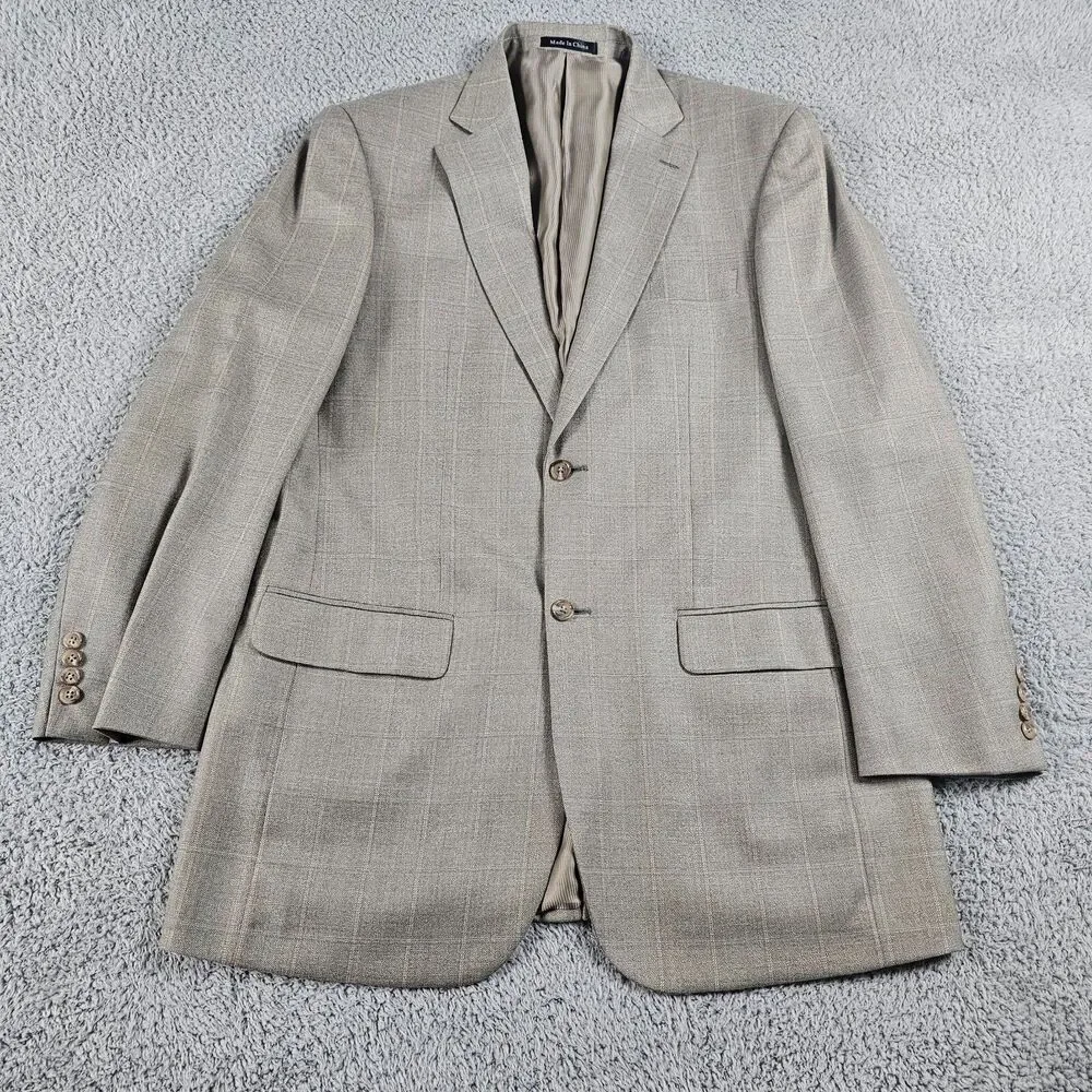 Pendleton Blazer Mens 42L Long Khaki Wool Pane Check Sport Coat Jacket 2 Button